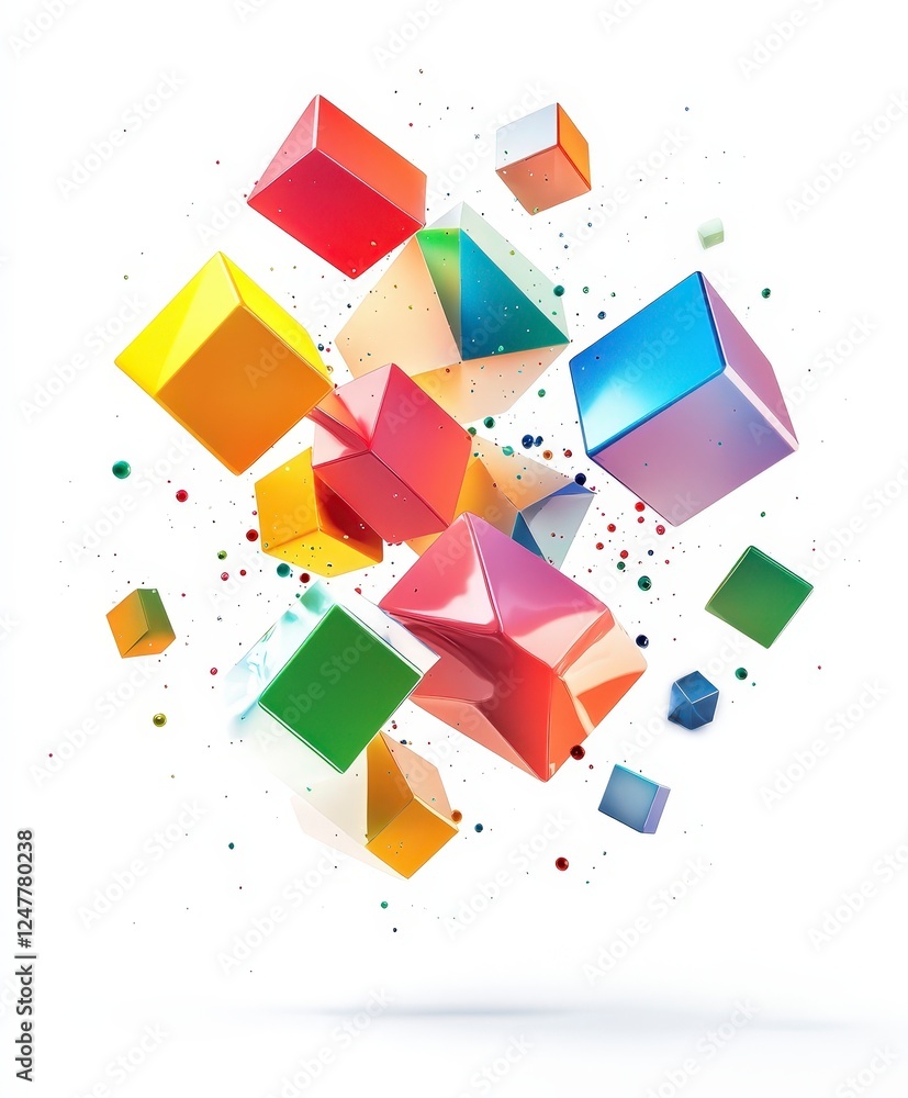 Poster colorful three-dimensional shapes floating in white background