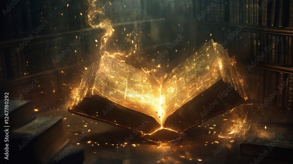 Poster enchanted book with glowing pages emitting a magical aura in an old library setting