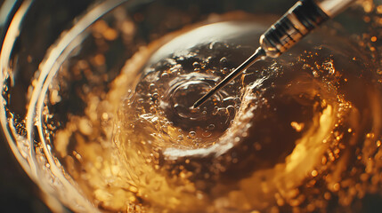 A syringe is inserted into a glass of liquid