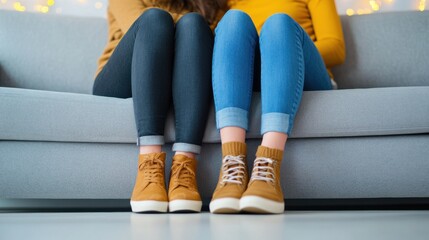 Cozy Moments of Friendship on a Couch with Colorful Footwear and Soft Background Lights