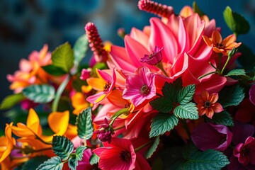 Vibrant bouquet of colorful flowers against a blue background