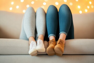 Close-Up View of Two Pairs of Legs in Casual Shoes on Couch with Soft Bokeh Background Lights