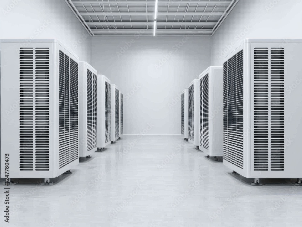 Poster modern server room with rows of white data storage units.