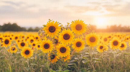 Obraz premium Vibrant sunflowers bathed in the golden light of sunset. A breathtaking display of nature's beauty.