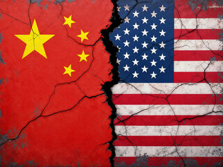 USA China flags show conflict split on cracked concrete representing trade tensions