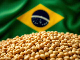 Soybeans displayed against the Brazilian flag representing agriculture exports and trade agreements