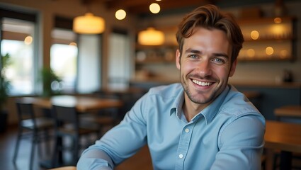 Obraz premium Happy Young Man Smiling in Cafe with Blurred Background – Stock Photo