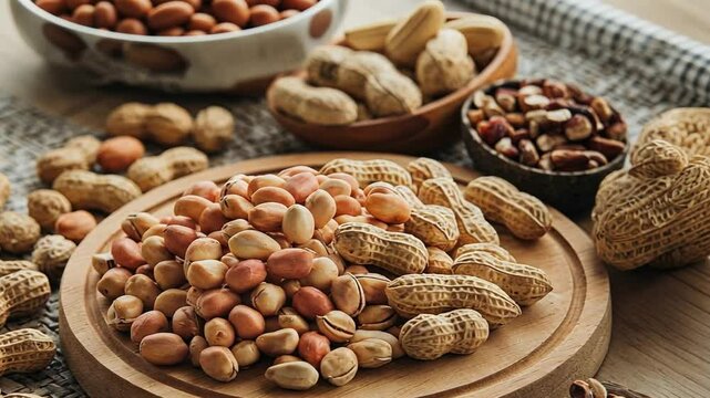 Shelled and unshelled peanuts on a wooden board, natural light.