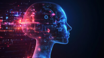 Obraz premium Digital Woman Ai Head Profile with Data Flowing