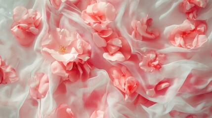 Obraz premium Pink Camellia Petals on Sheer Fabric: A Delicate Floral Arrangement