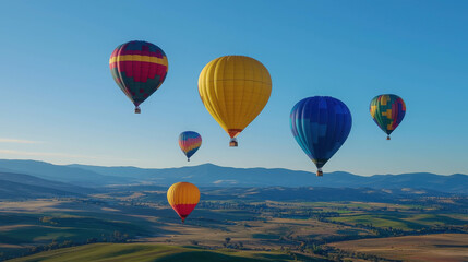 Obraz premium Colorful Hot Air Balloons Flying Against a Clear Blue Sky at Vibrant Festival Event