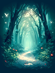 Enchanted forest path. Mystical, teal-toned trees create a magical atmosphere with glowing butterflies. Tranquil, dreamy scene.