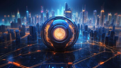 A digital futuristic representation of cybersecurity showcasing a black padlock at the center