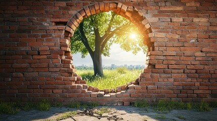 Bright Tree Emerging Through Round Hole in Brick Wall at Sunrise