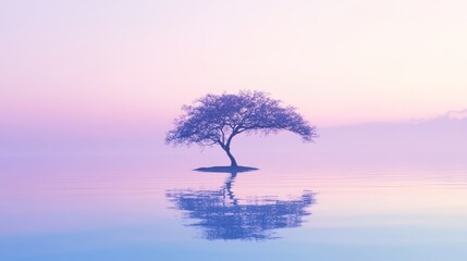 Solitary tree reflecting in calm, misty lake at dawn; serene nature scene