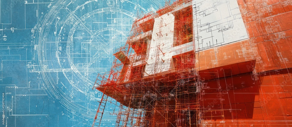 Poster architectural blueprint merging with an ongoing building construction site