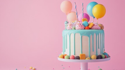 Festive Birthday Cake with Balloons and Candy Decorations