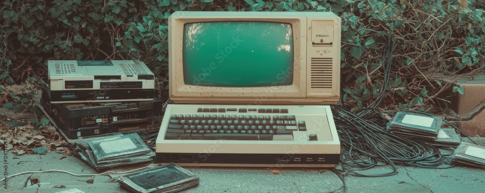 Poster vintage computer setup with retro tape player and cables.