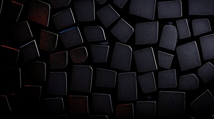 Abstract close-up of a textured black surface with irregular shapes and shadows, ideal for backgrounds