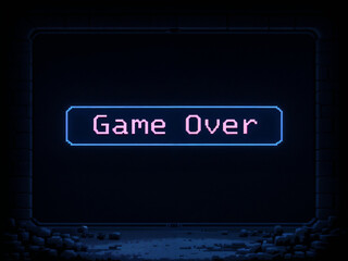 Game Over message displayed in pixel art against a dark background inside a frame