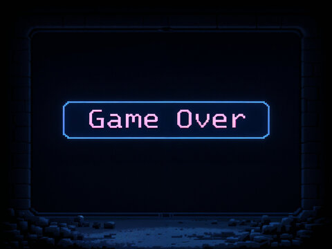 Game Over message displayed in pixel art against a dark background inside a frame
