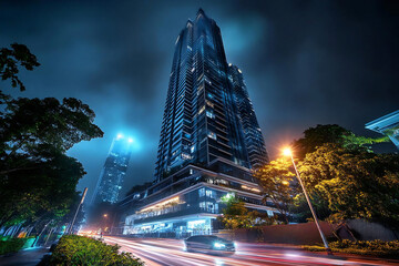 夜の都市 - 未来的な高層ビルと車の光跡