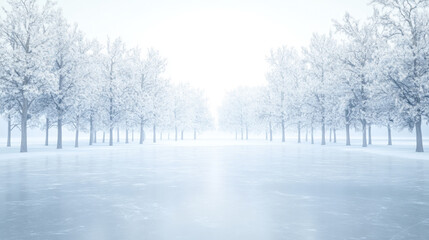 Serene winter landscape: snow-covered trees line a frozen path, bathed in soft, diffused light. A tranquil, peaceful scene.