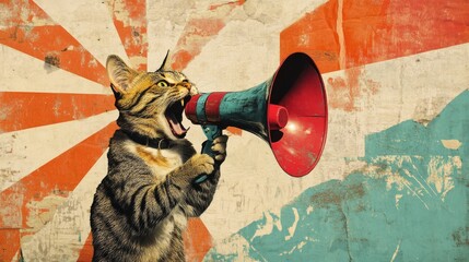 Funny Cat Yelling with Megaphone Vintage Poster