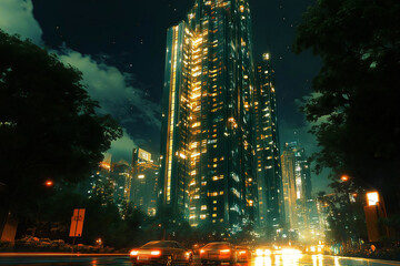 夜の都市 - 未来的な高層ビルと車の光跡