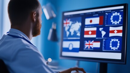 Medical professional analyzing global data on a computer screen with various country flags displayed