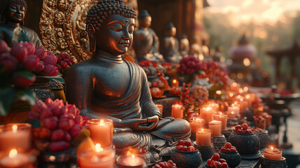 Fototapeta premium Buddha Statues Surrounded by Offerings, Fruit, and Candles During a Sacred Ceremony at Sunset - AI Generated Images