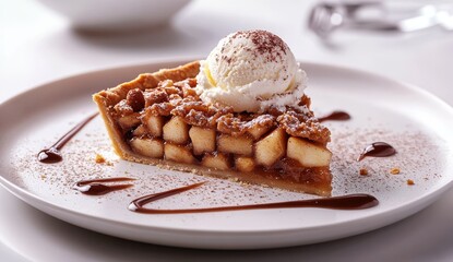 Delicious slice of homemade apple pie topped with vanilla ice cream and drizzled with chocolate sauce on a white plate