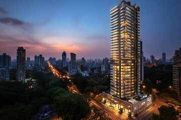 夜の都市 - 未来的な高層ビルと車の光跡