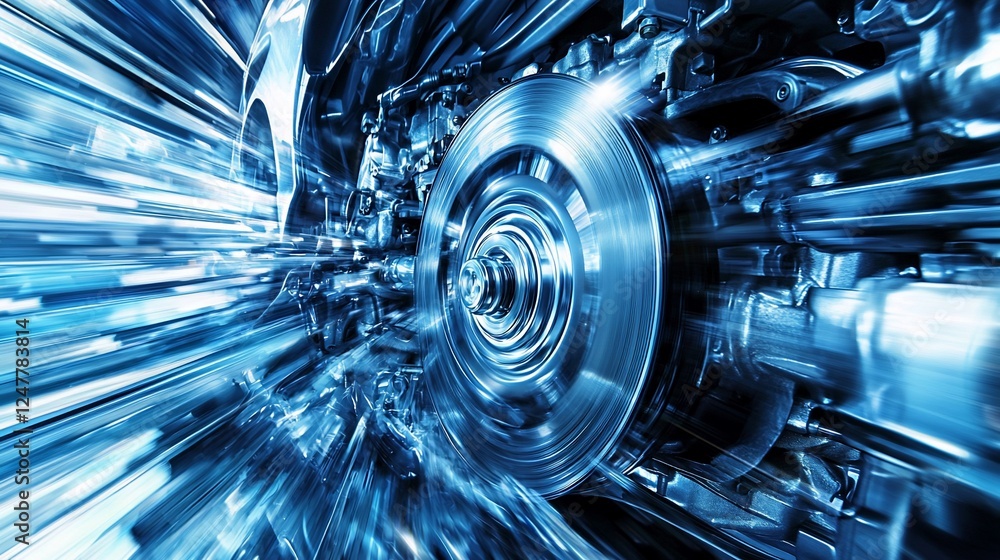 Poster close-up of a gleaming engine's internal components, showcasing intricate metalwork and a sense of m