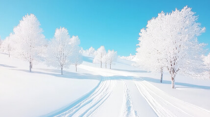 Serene winter landscape with snow-covered trees and a path winding through a pristine, snow-covered field under a clear blue sky.