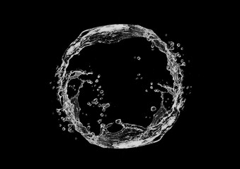 黒い背景にカーブした透明な水の波と水しぶきの3dイラスト