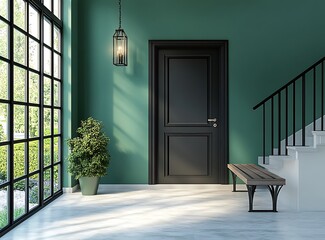 Front door with a bench and a potted plant on the side, a green wall behind it, stairs leading to the main floor, a simple modern design style, a front view of 
