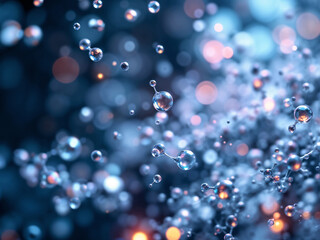 Molecules float showcasing science and technology concepts with blue hues and bokeh lights