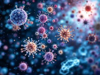 Viruses floating amidst a blue and purple abstract backdrop represent infection spread and cellular impact