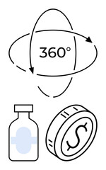 360-degree arrows encircle the text, with a medicine bottle and dollar coin below. Ideal for healthcare costs, pharmaceutical analysis, financial systems, economy, business insights, pricing