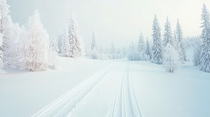 Fototapeta premium Serene winter landscape: a snow-covered path winds through a pristine forest of snow-laden evergreens.
