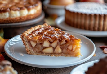 Delicious slice of homemade apple pie with flaky crust served on a white plate surrounded by other desserts and autumn decorations