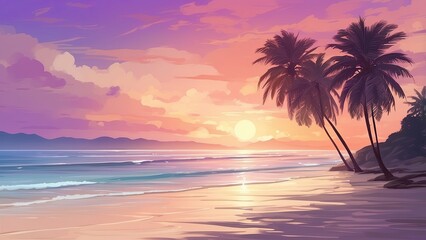 A serene beach scene with white sand, gentle waves