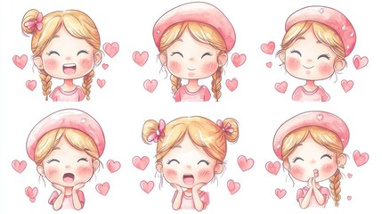 Cute Girl Illustrations with Heart Emojis and Expressive Facial Expressions