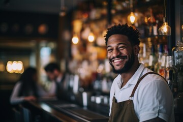 Fototapeta premium Smiling portrait of a young African American male bartender