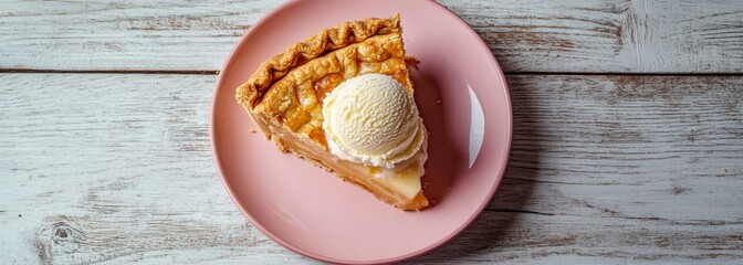 Delicious slice of homemade pie served on a pink plate with a scoop of creamy vanilla ice cream on top, perfect for dessert lovers and food enthusiasts