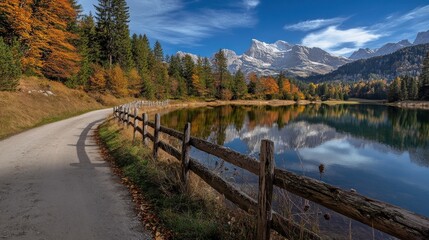 Fototapeta premium Autumnal lake, mountain reflection, scenic road, fall foliage