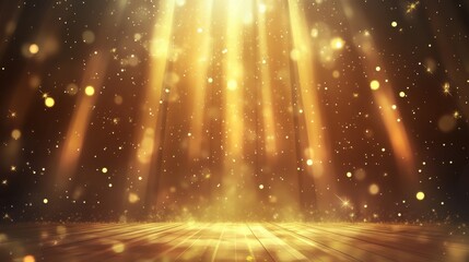 Golden Light Rays Stage Background with Wood Floor