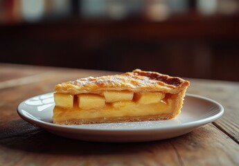 Deliciously Baked Apple Custard Pie Slice on a White Plate with a Rustic Wooden Table Background in a Cozy Kitchen Setting