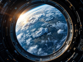 Earth view shines through spacecraft window revealing cloudscapes and sunlit atmosphere